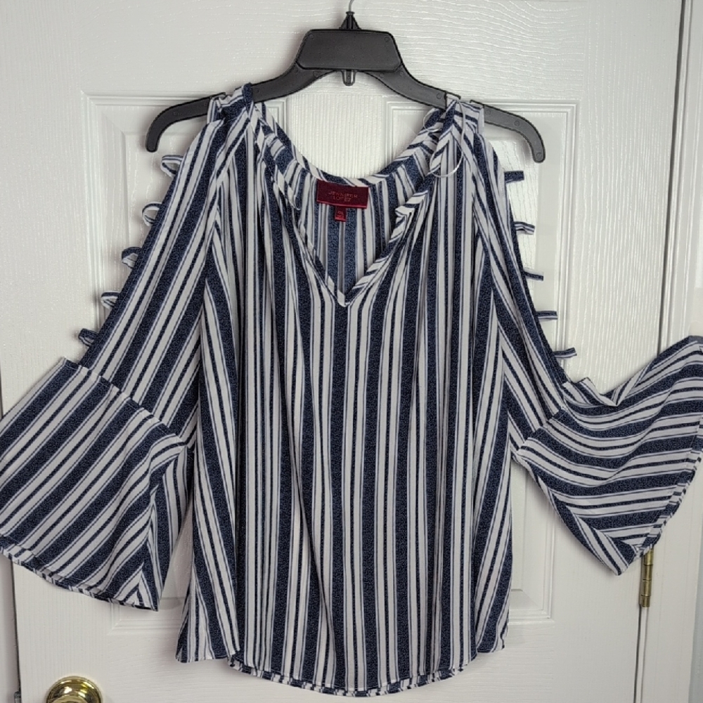 Jennifer Lopez Navy and White Striped Blouse